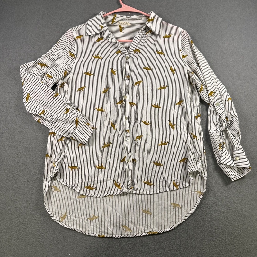 Jane and Delancey Leopard Stripe Button Down Rayon Blouse Small High Low Hem
